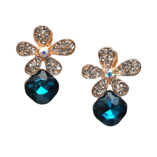 Diamante flower with blue crystal clip on earrings FREE Gift Box