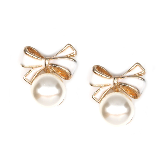 White bow with faux pearl clip on earrings