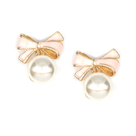 Pink bow with faux pearl clip on earrings