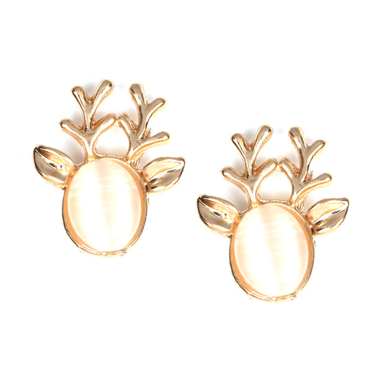 Gold-tone reindeer with simulated cat eye clip on earrings