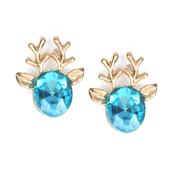 Gold-tone reindeer with blue crystal clip on earrings