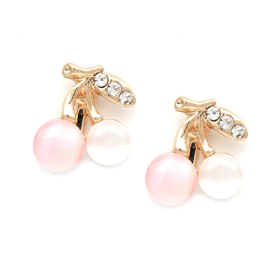 Simulated cat eye cherry with crystal gold-tone clip on earrings