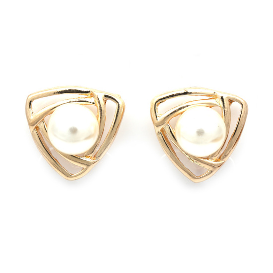 Gold-tone triangle with white faux pearl clip on earrings