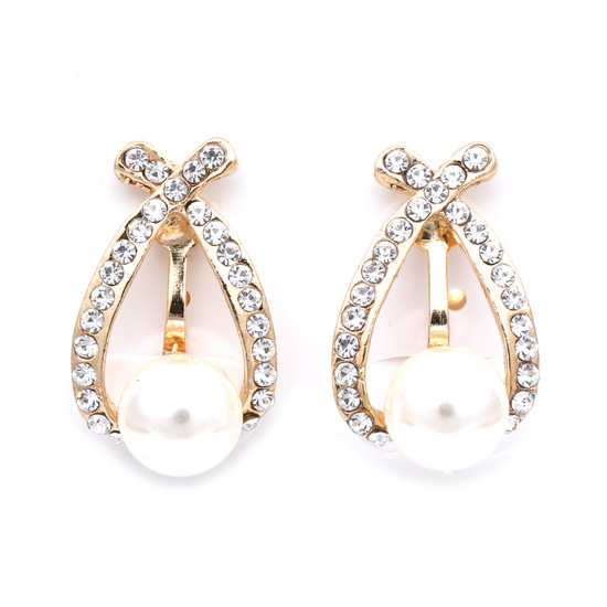 Oval crystal pave with white faux pearl gold-tone clip on earrings