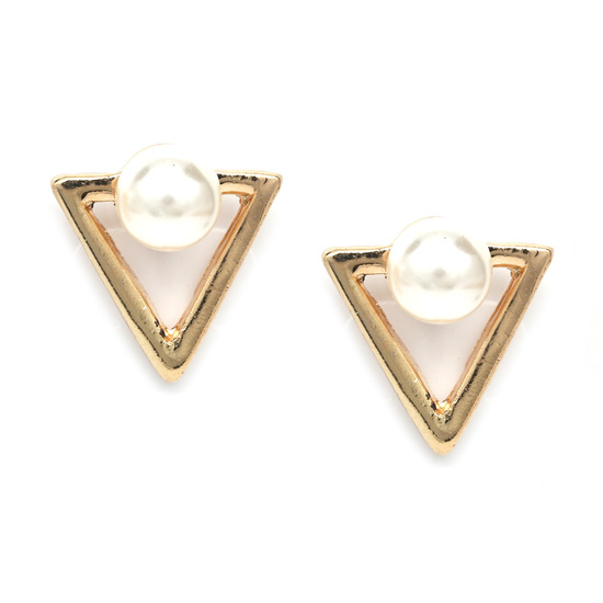 Gold-tone open triangle with white faux pearl...
