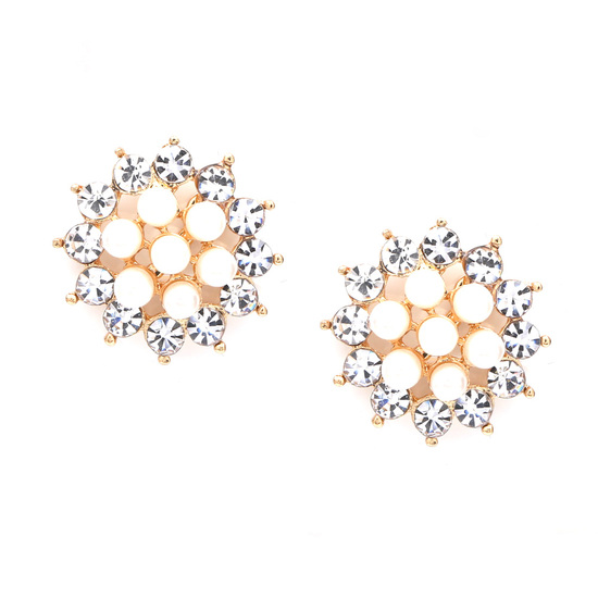Gold-tone crystal and white faux pearl flower bridal clip on earrings