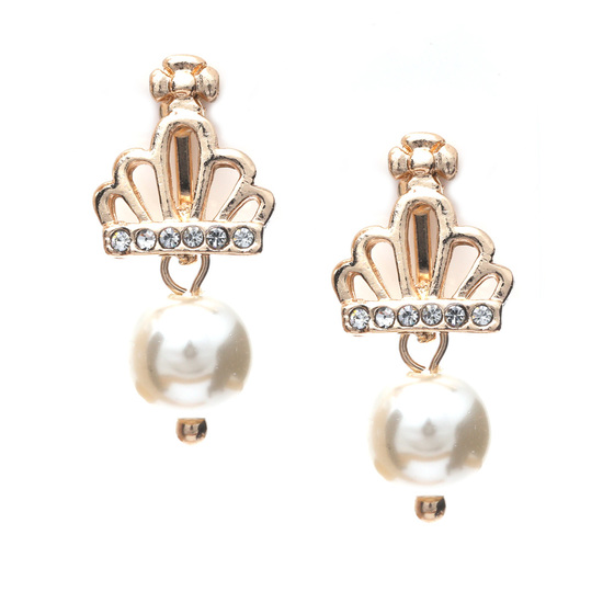 Gold-tone crystal studded crown with white faux pearl drop clip on earrings