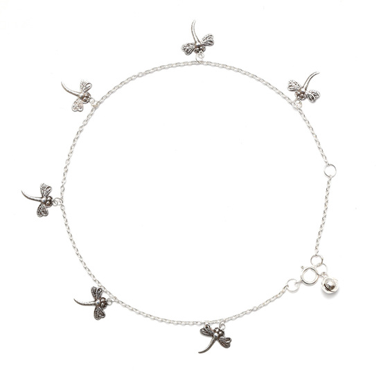 Sterling silver anklet with dragonfly charms and bell
