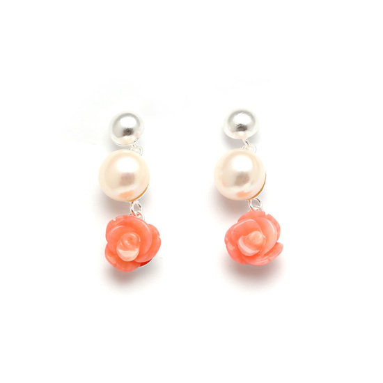 Sterling silver drop stud earrings with freshwater pearl and orange sponge coral flower