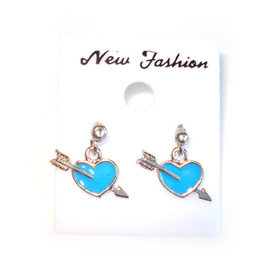 Rhodium plated blue heart arrow stud earrings