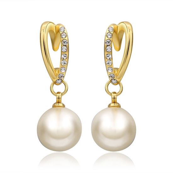 Yellow Gold Plated with Crystal and White Simulated Pearl Drop Stud Earrings