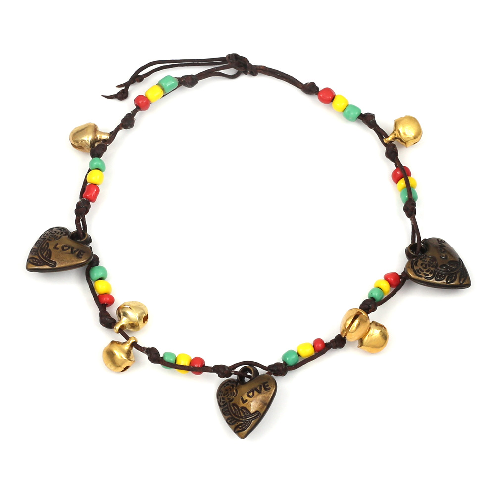 Handmade rasta style beads with bells and Love Heart wax cord anklet with adjustable tie closure