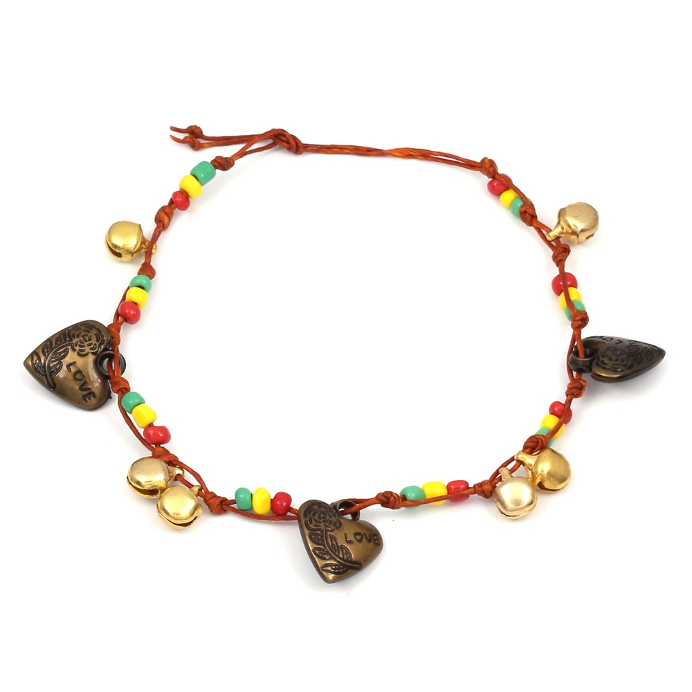 Handmade rasta style beads with bells and Love Heart brown wax cord anklet with adjustable tie closure