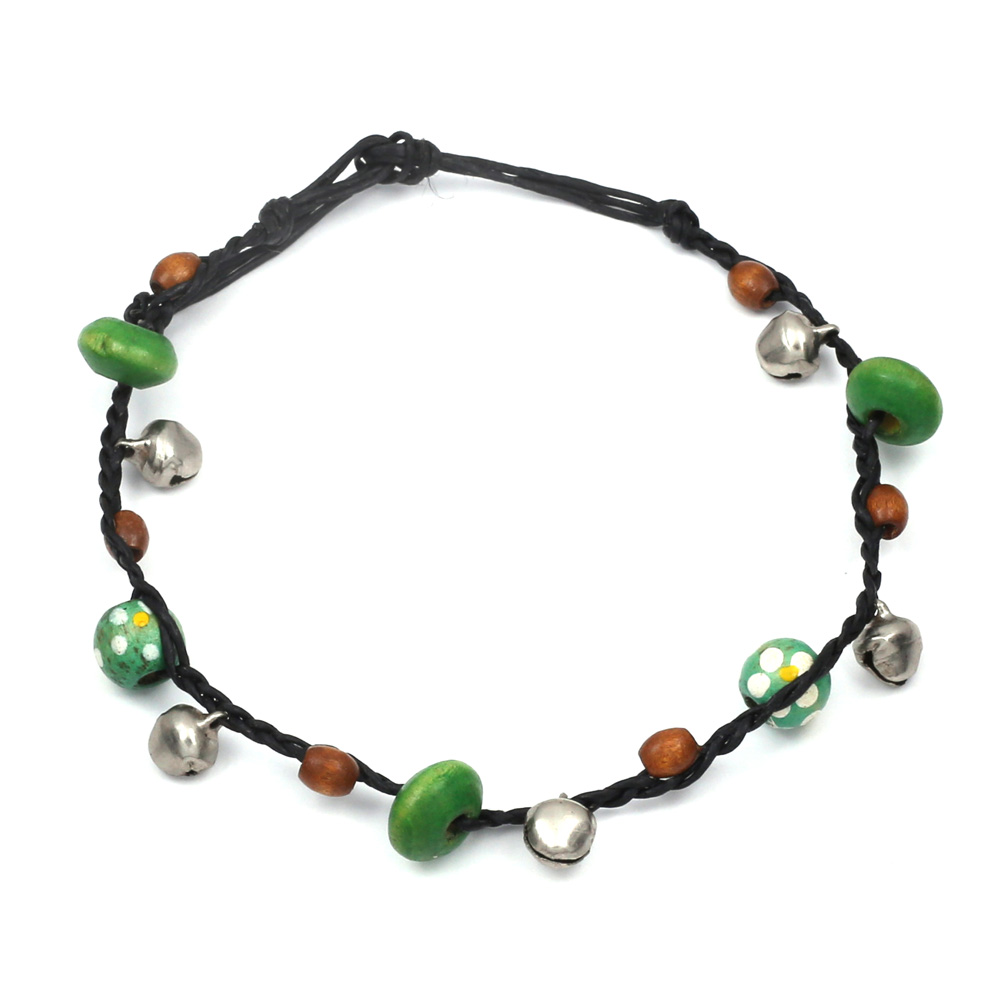 Handmade green wooden beads with bells black wax cord anklet with adjustable tie closure