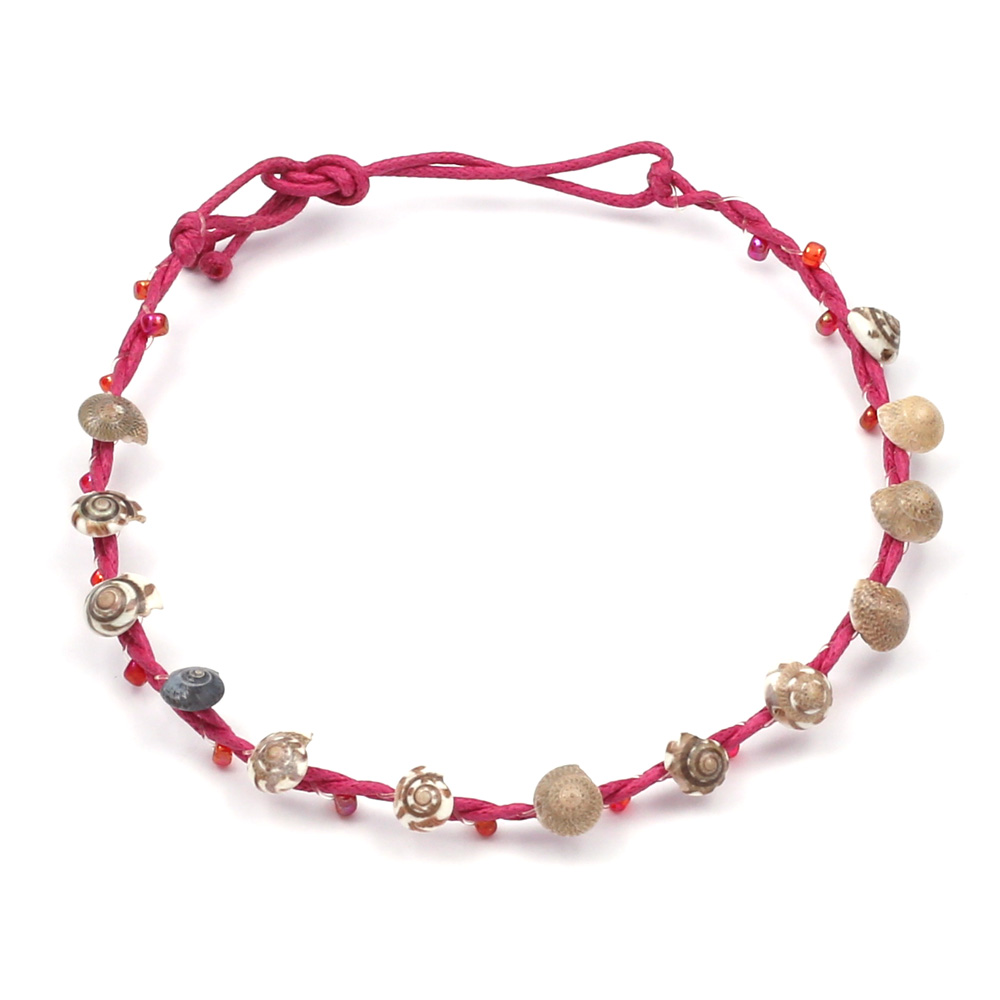 Handmade red seed beads with shells  wax cord anklet with adjustable tie closure
