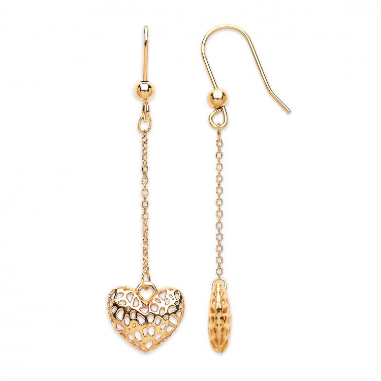 9ct Gold Filigree Heart Drop Earrings